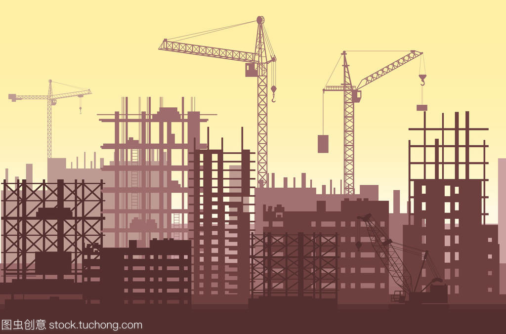 房屋建筑施工過程中。城市建筑工地起重機與摩天大樓