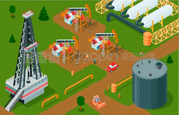 等距石油工業(yè)水平組成與石油生產(chǎn)設施儲存和工廠建筑泵千斤頂矢量插圖